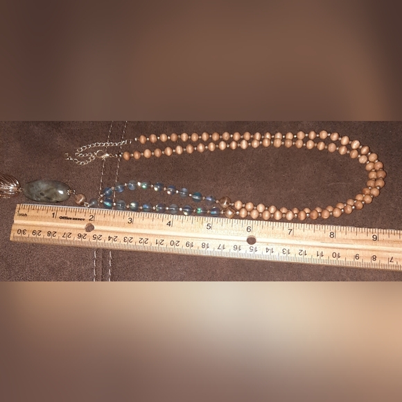 Labradorite, frosted glass gemstone tassel necklace wood beads adjustable signed - Picture 9 of 15